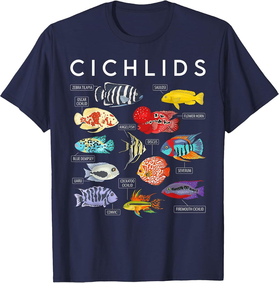Colorful Tropical Fish Type of Cichlid Biology Teacher T-Shirt - Navy Blue