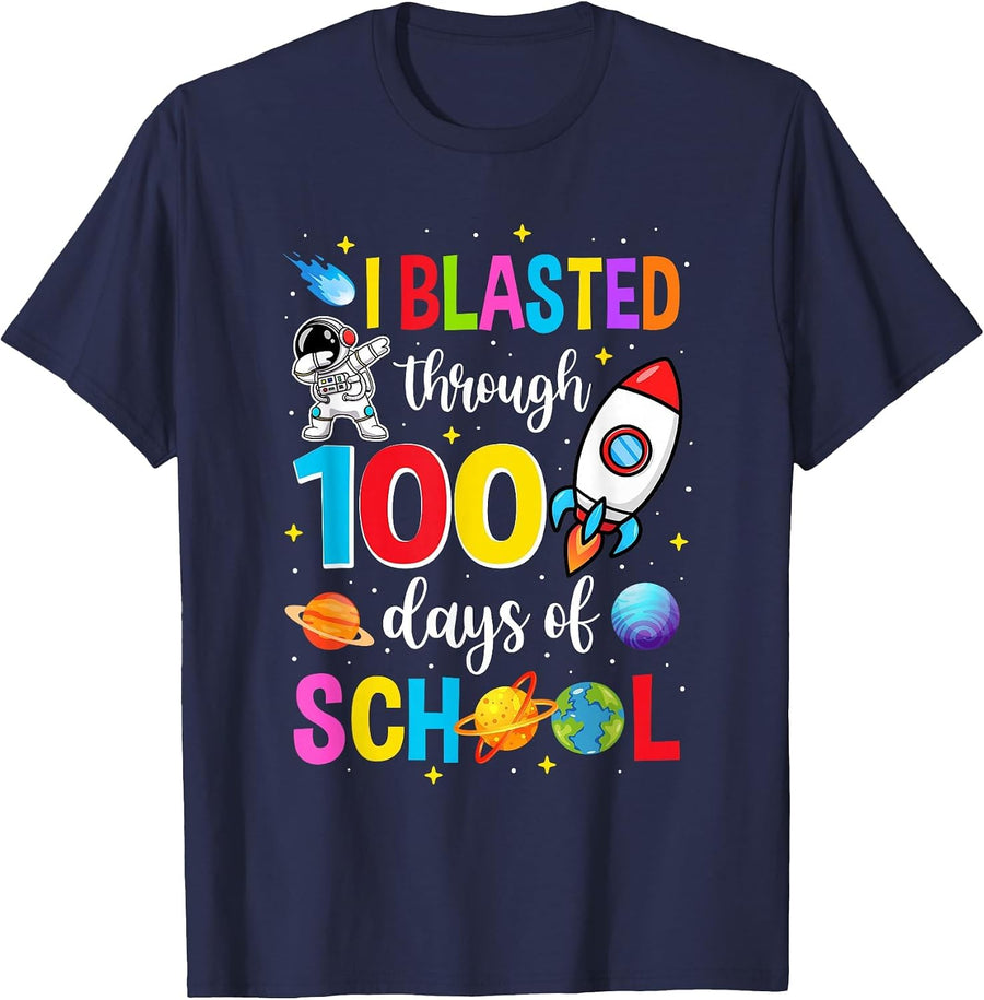 I Blasted Through 100 Days of School 100Th Day Teacher Kids T-Shirt - Navy Blue