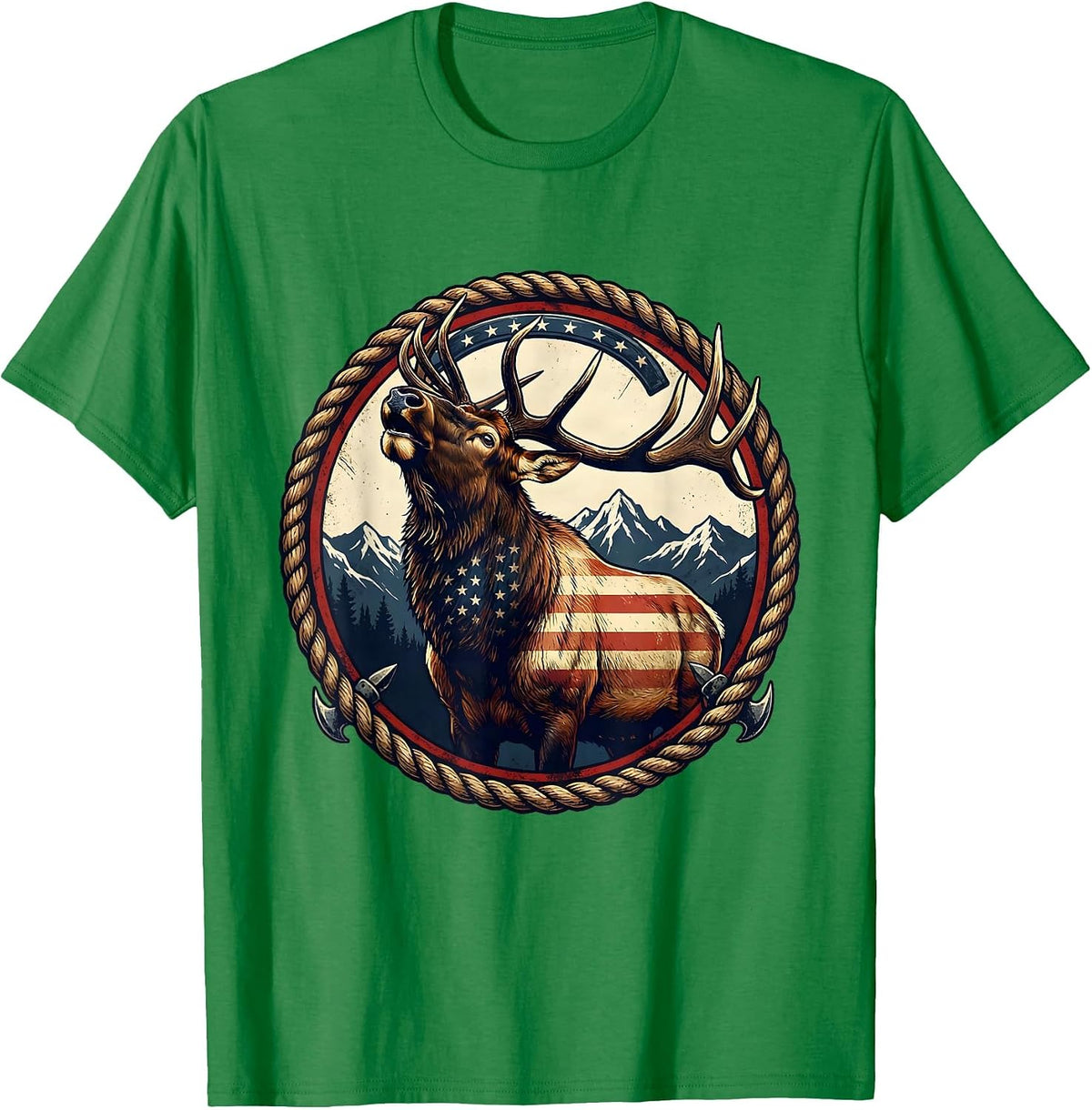 Men's Elk Bugling in Snowy Mountain Meadow T-Shirt - Kelly Green