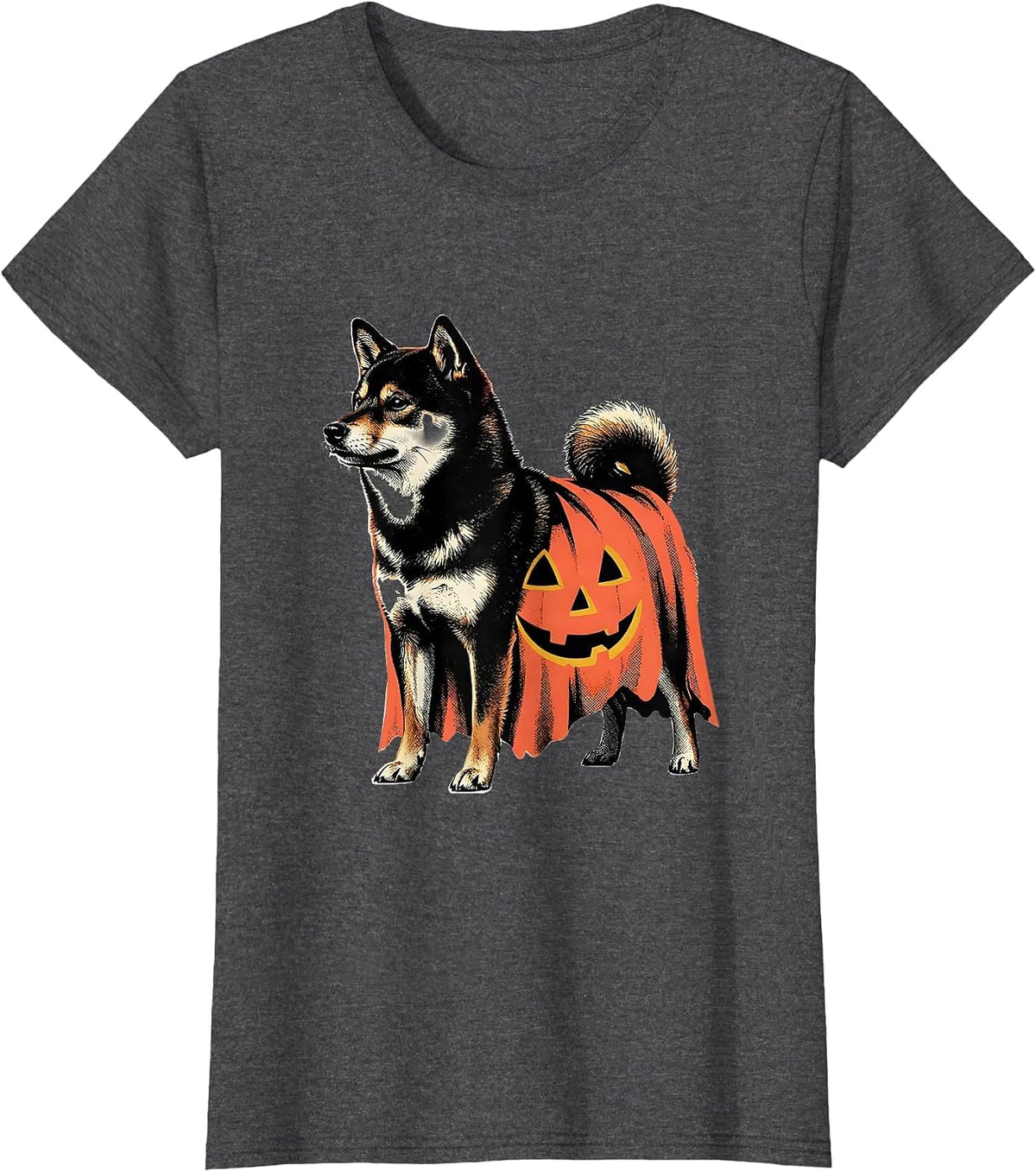 Women's Shiba Inu Ghost Pumpkin Midcentury Modern Halloween T-Shirt - Dark Heather Grey