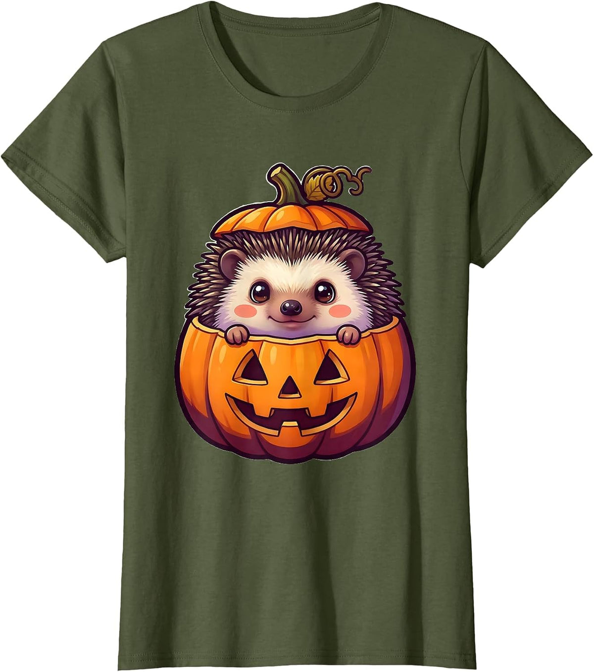 Women's Cute Chibi Hedgehog Pumpkin Halloween Kids Humor T-Shirt - Olive Green