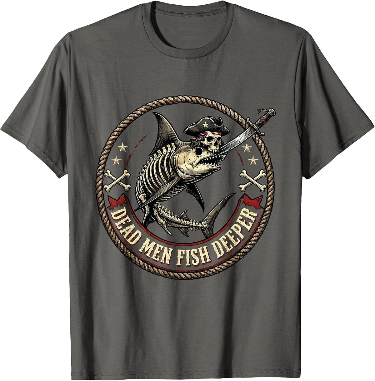 Men's Halloween Pirate Swordfish Skeleton Design T-Shirt - Asphalt Grey