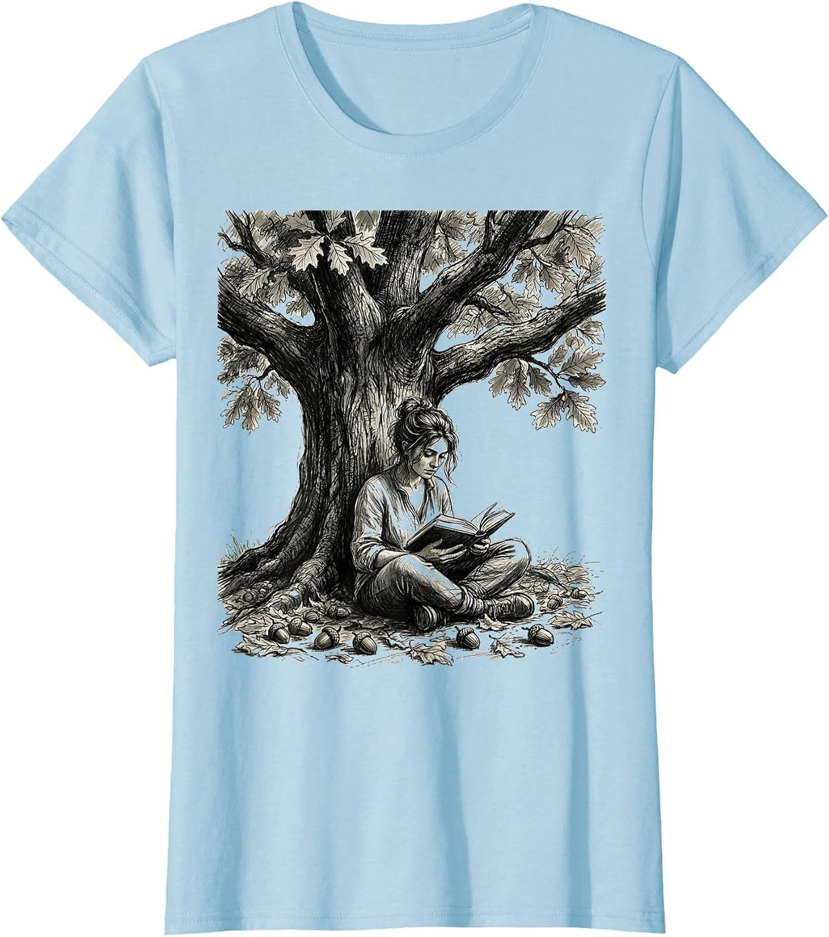Reading Under the Oak Tree Book Lover Design T-Shirt - Baby Blue