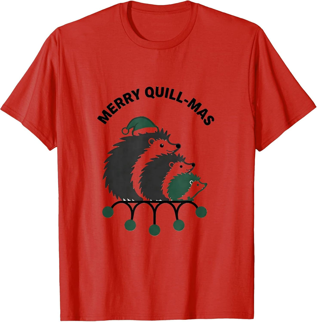 Men's Merry Quill-mas Minimalist Hedgehog Santa Hat Family T-Shirt - Red