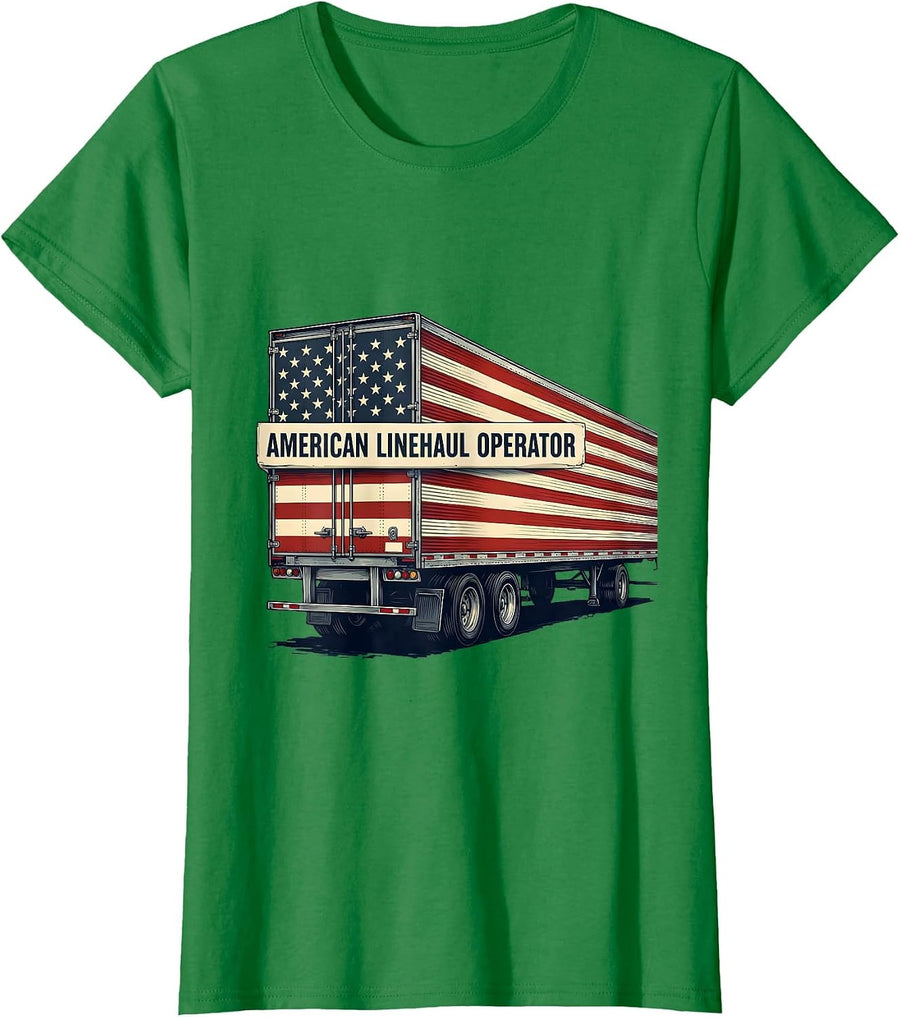 Women's American Linehaul Operator Patriotic Semi Truck Driver T-Shirt - Kelly Green