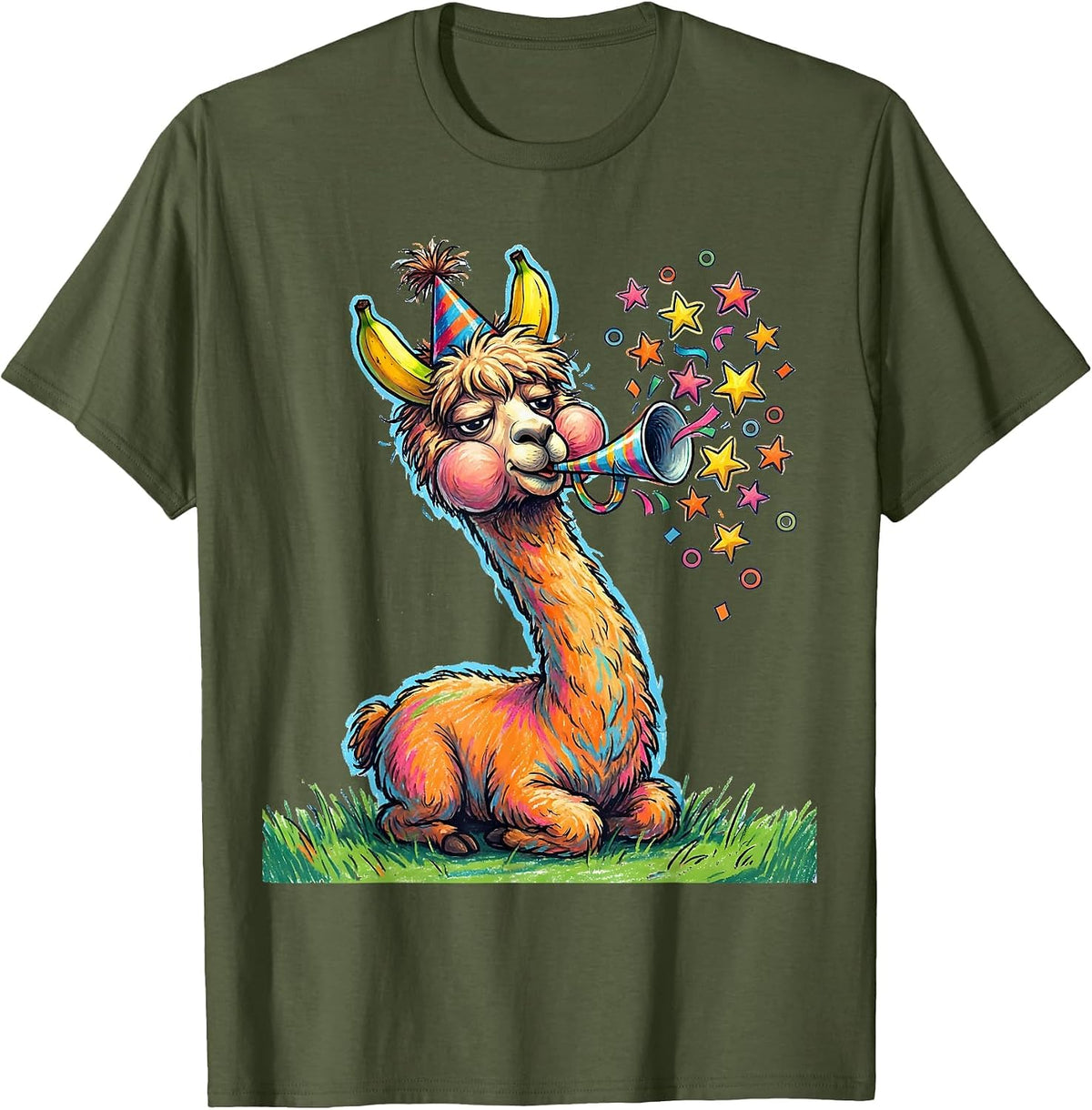 Alpaca Party Hat Naive Kidcore Funny Llama Lover T-Shirt - Olive Green