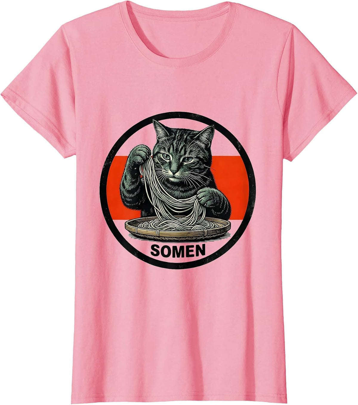 Women's SOMEN Vintage Poster Relief Cat Ramen Kawaii Anime Gift T-Shirt - Pink