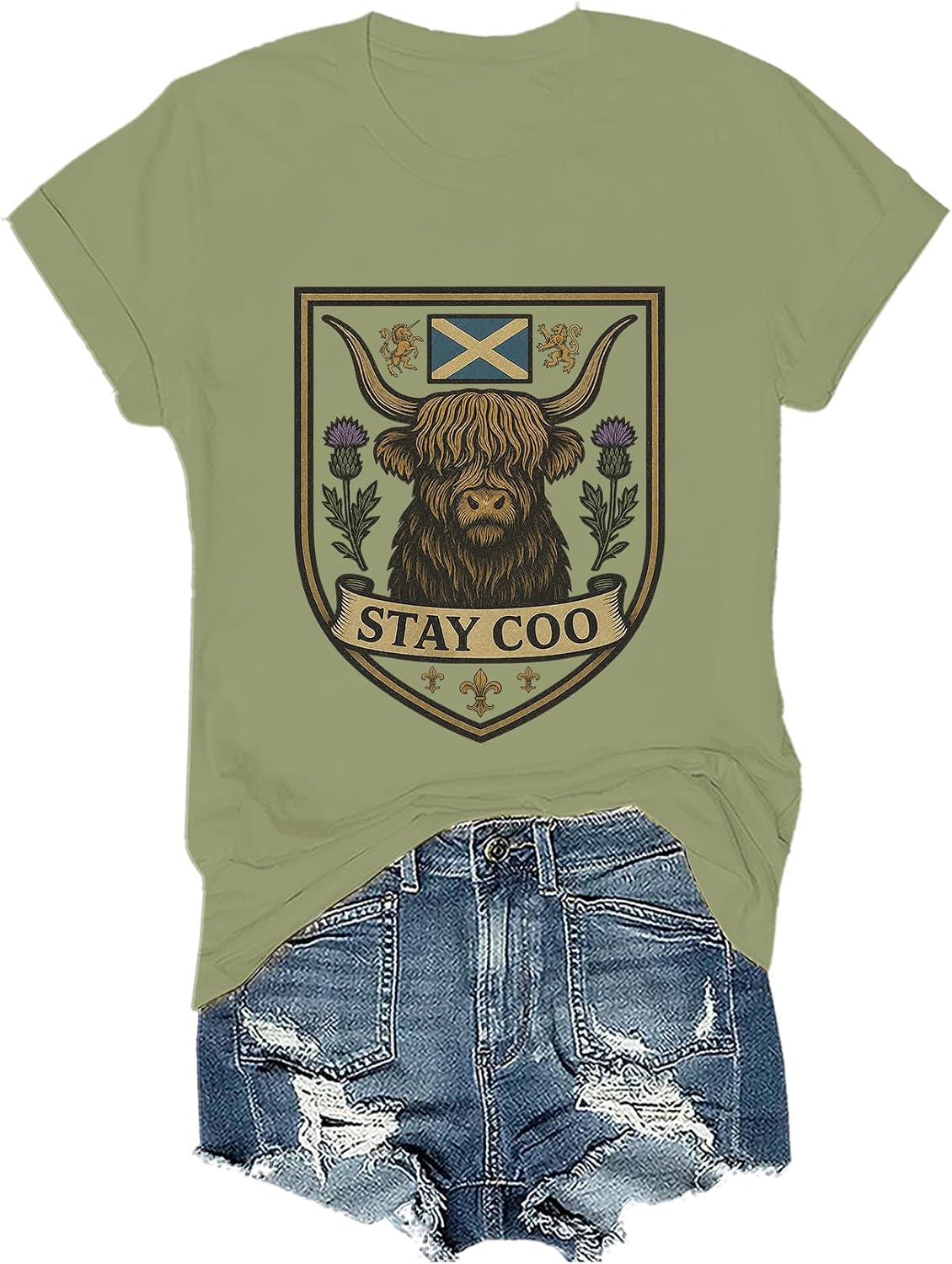 Stay Coo Shirt Scottish Highland Cow Shirt Heilan Coo T-Shirt Funny Cow Shirts for Women Men V Neck Tee - Crewneck Green-1
