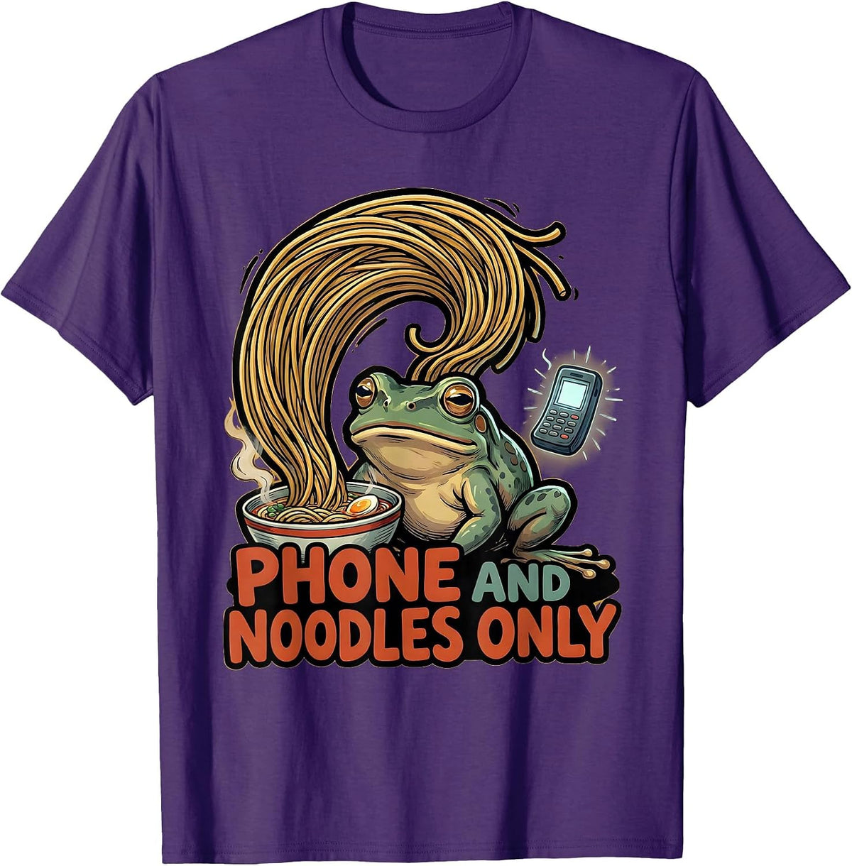 Phone And Noodles Only Funny Grumpy Frog Japanese Art Ramen T-Shirt - Purple