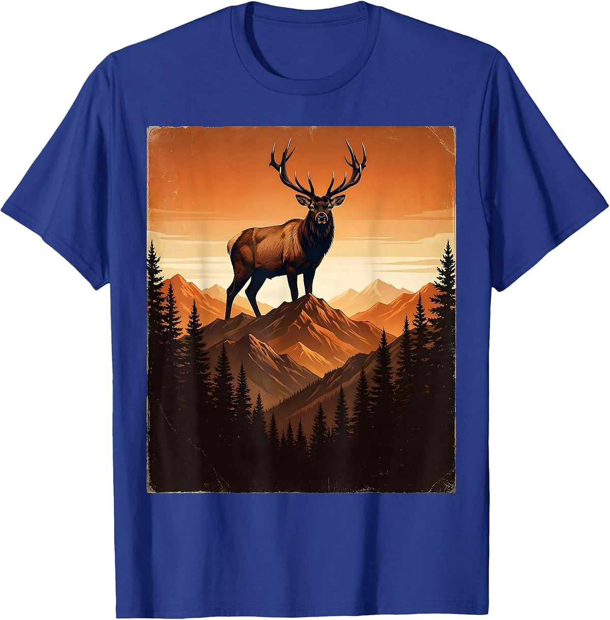 Elk Silhouette Mountain Sunset Nature Design T-Shirt - Royal Blue
