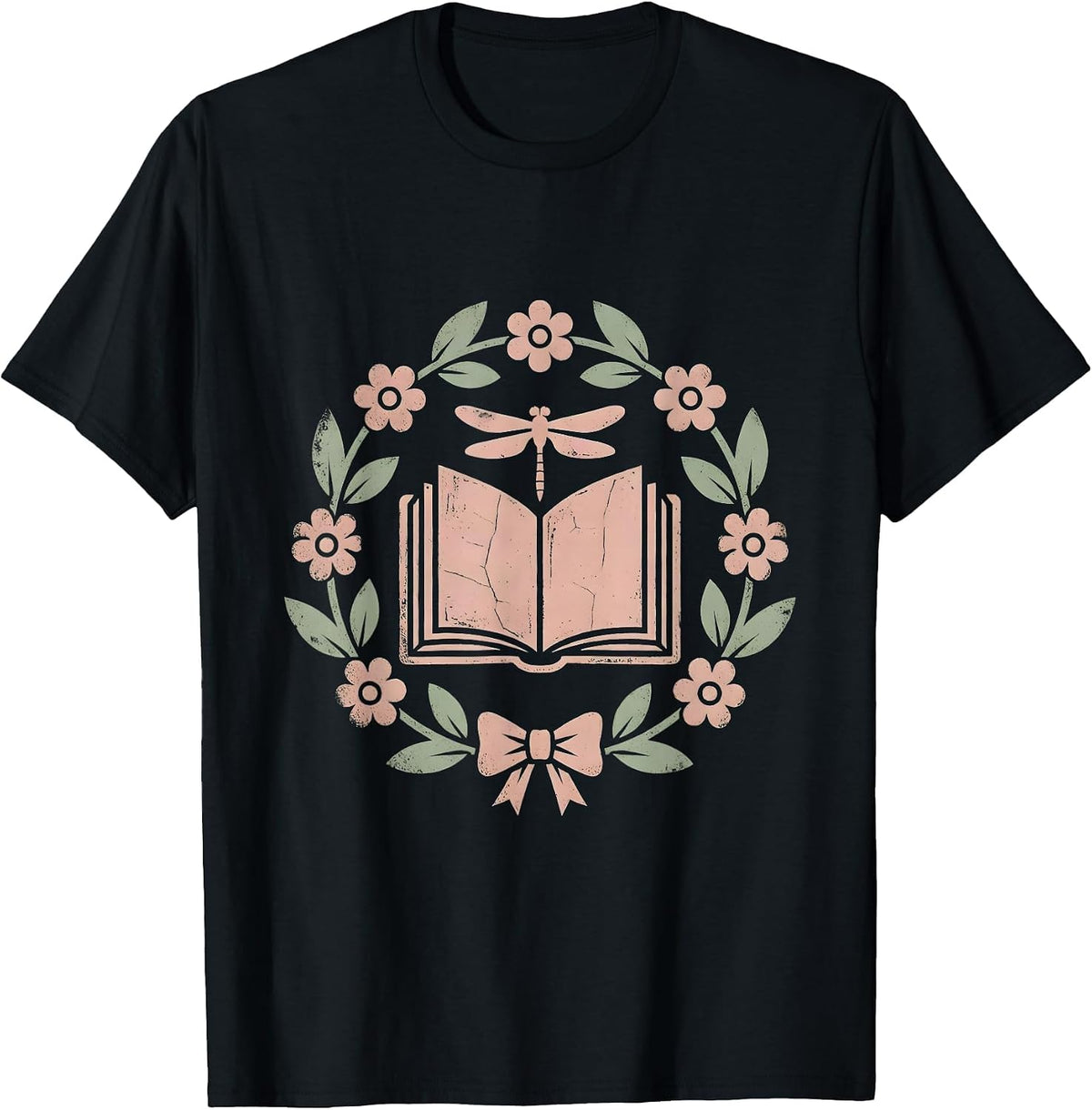 Men's Floral Wreath Open Book Illustration T-Shirt - Black