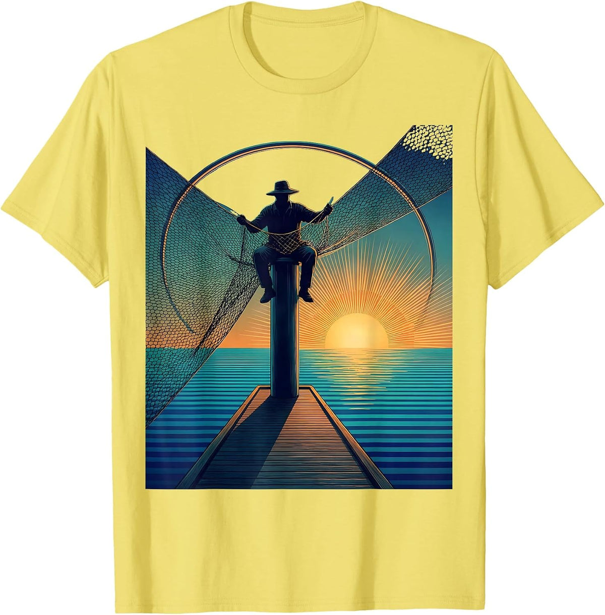 Men's Puerto Rico Fisherman Mending Nets Coastal Art T-Shirt - Lemon Yellow