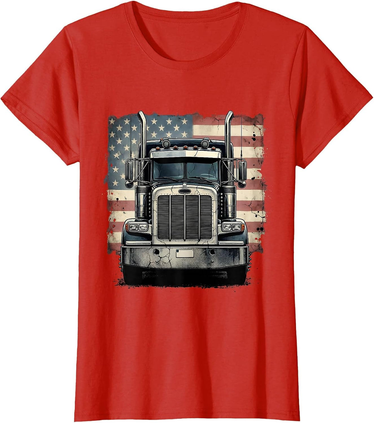 Women's American Flag Semi Truck Driver Distressed Patriotic Trucker T-Shirt - Red