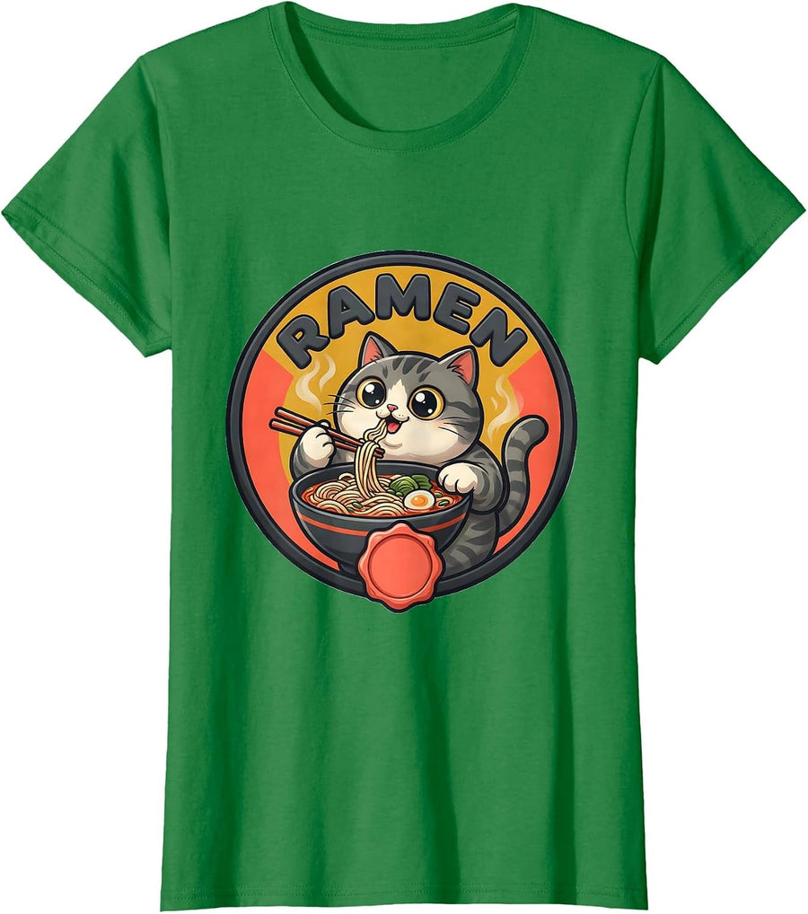 Women's RAMEN Cute Kawaii Cat Anime Japanese Food Humor T-Shirt - Kelly Green