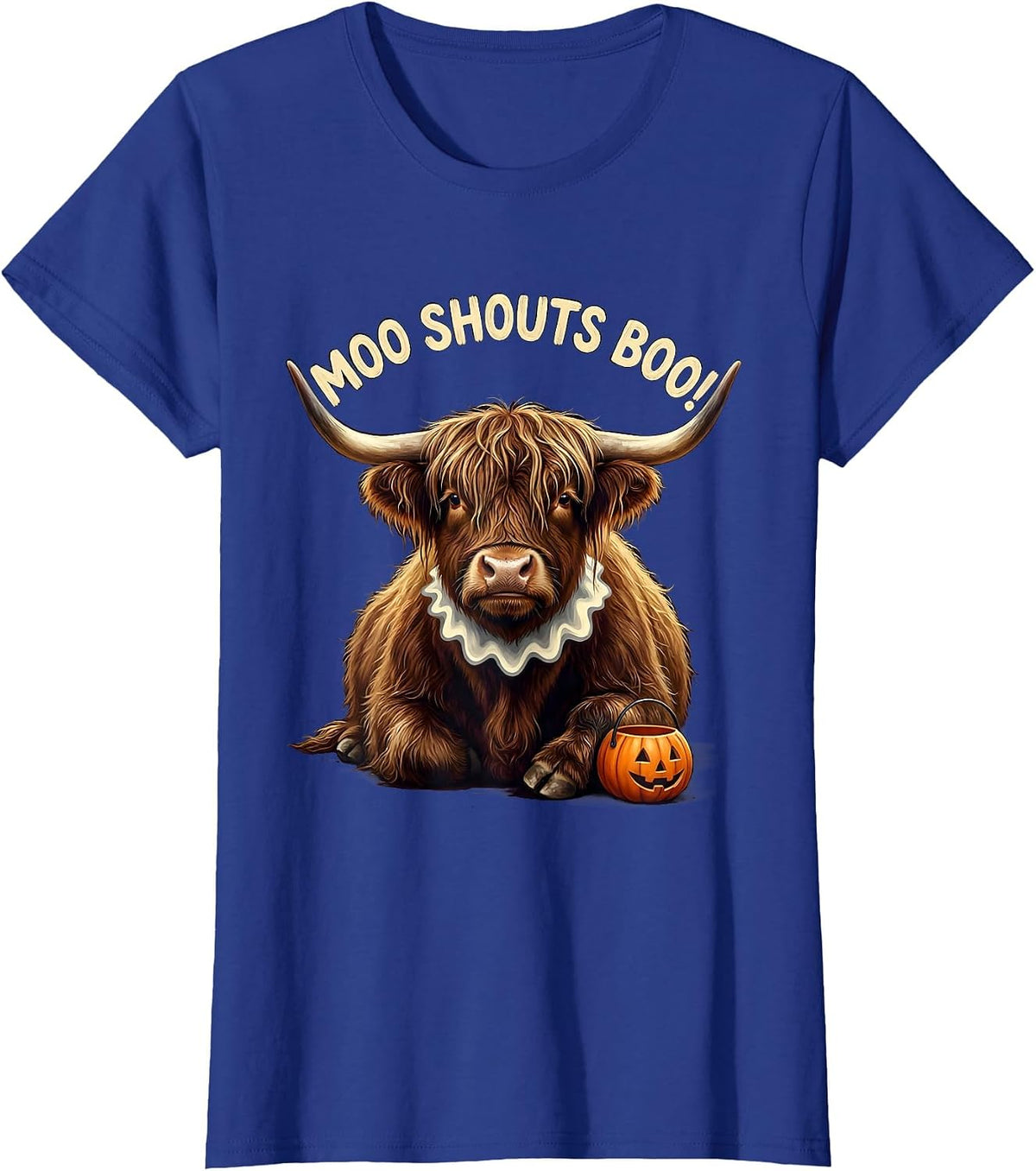 Women's Moo Shouts Boo! Funny Highland Cow Fall Halloween Pun T-Shirt - Royal Blue