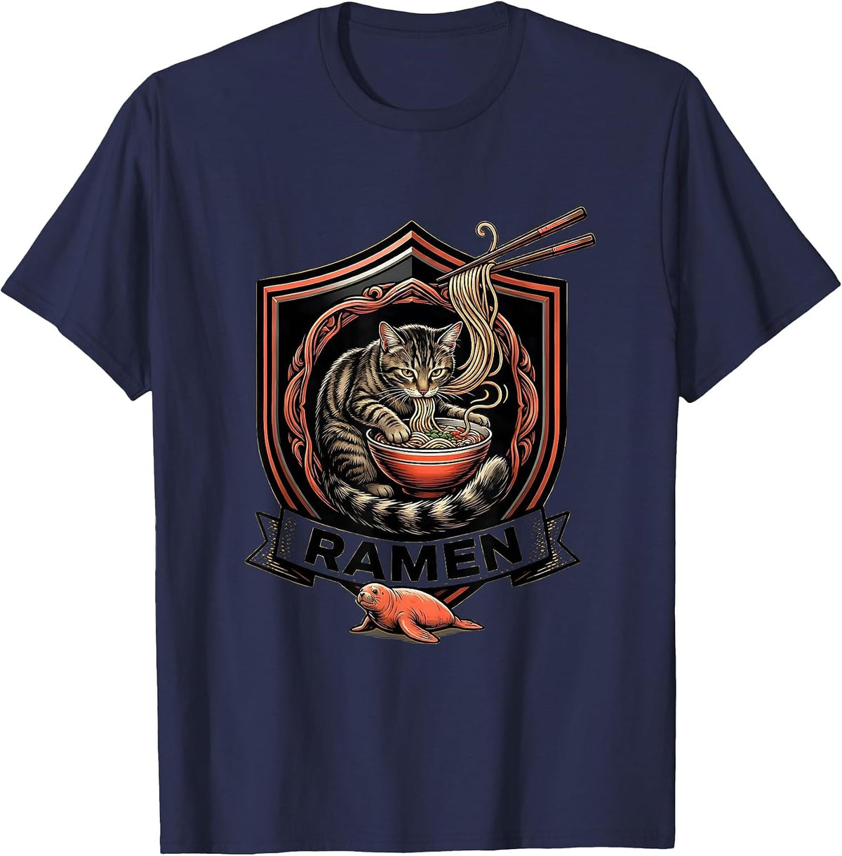 RAMEN Kawaii Anime Cat Japanese Humor Emblem T-Shirt - Navy Blue