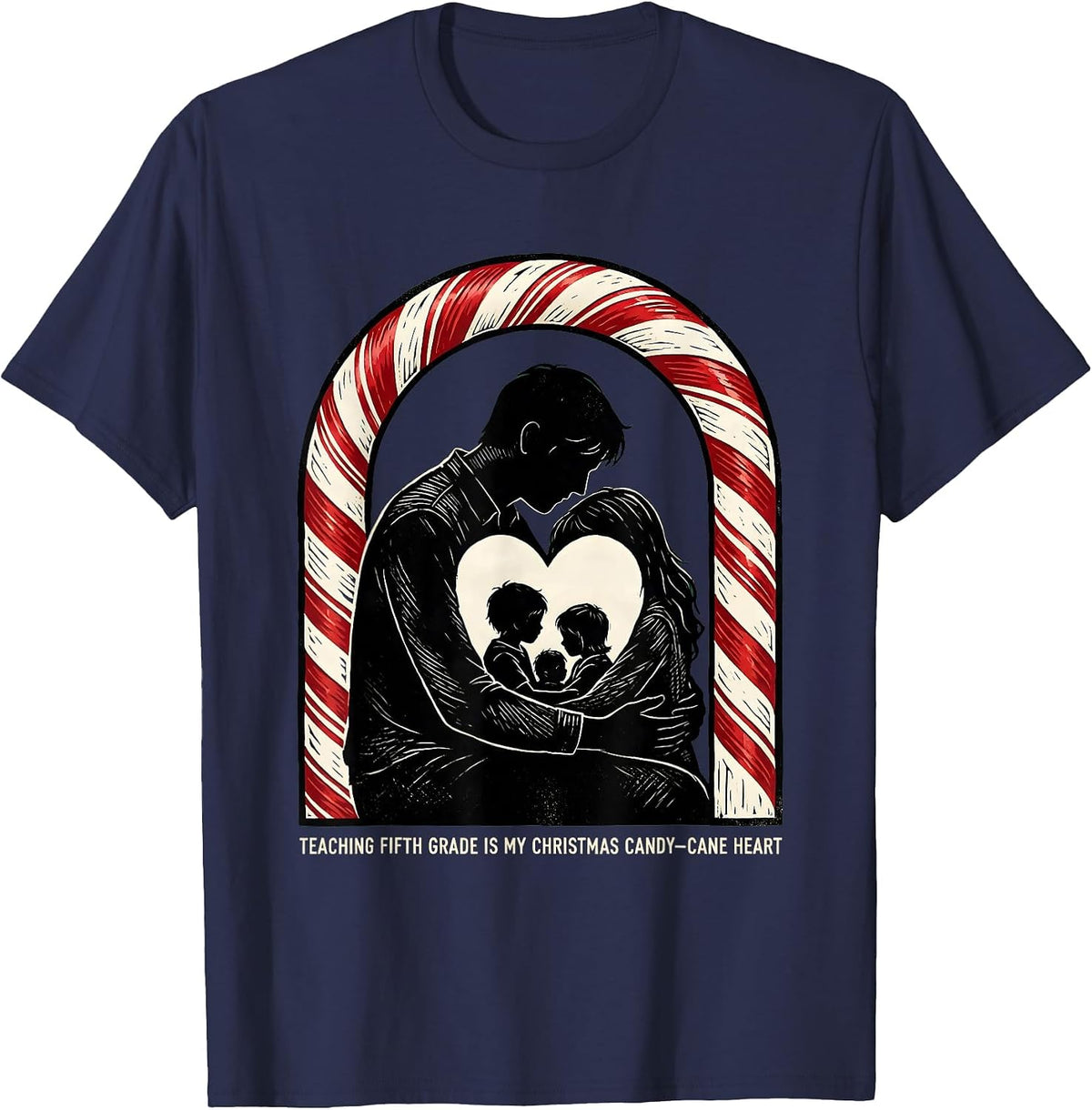 Men's Teaching Fifth Grade Is My Christmas Candy-Cane Heart T-Shirt - Navy Blue