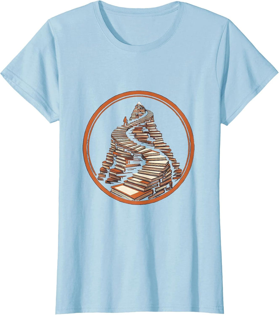 Women's Dyslexia Awareness Stacked Books Mountain Path T-Shirt - Baby Blue