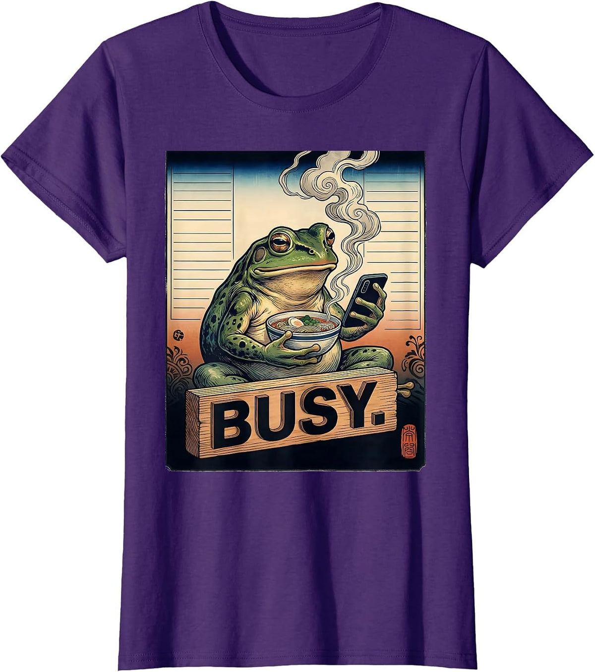 Women's Busy Grumpy Frog Ukiyo-e Ramen Humor Japanese Art T-Shirt - Purple