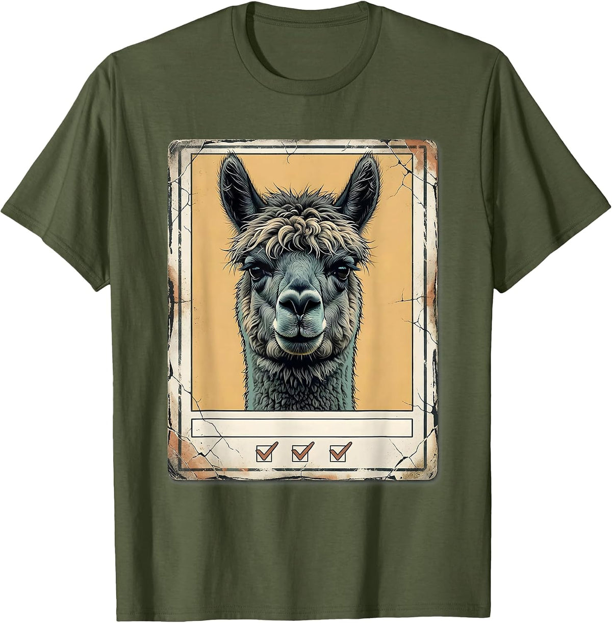 Men's Alpaca Portrait Distressed Funny Novelty Humor T-Shirt - Olive Green