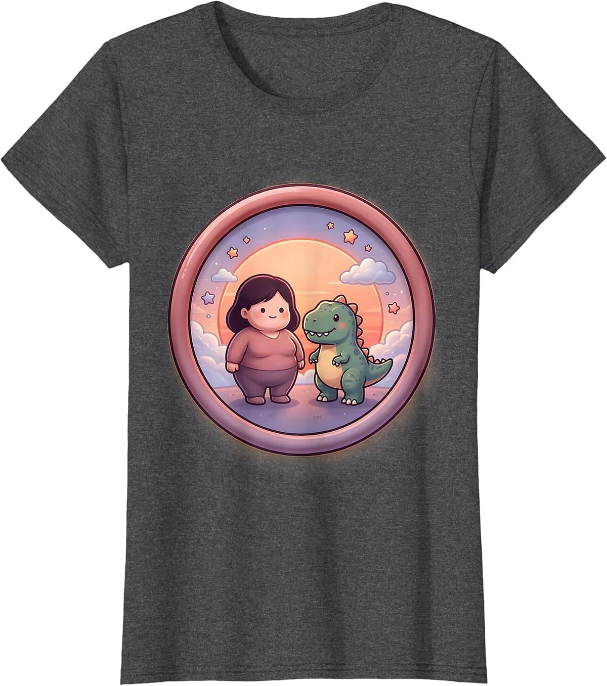 Women's Dinosaur and Human Silhouette Sunset Design T-Shirt - Dark Heather Grey