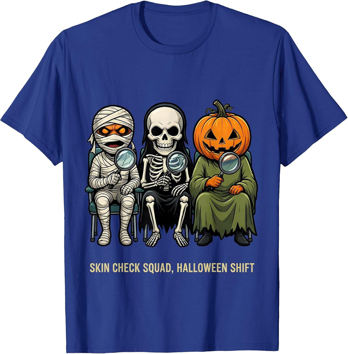 Skin Check Squad Halloween Shift Cartoon Dermatology Humor T-Shirt - Royal Blue