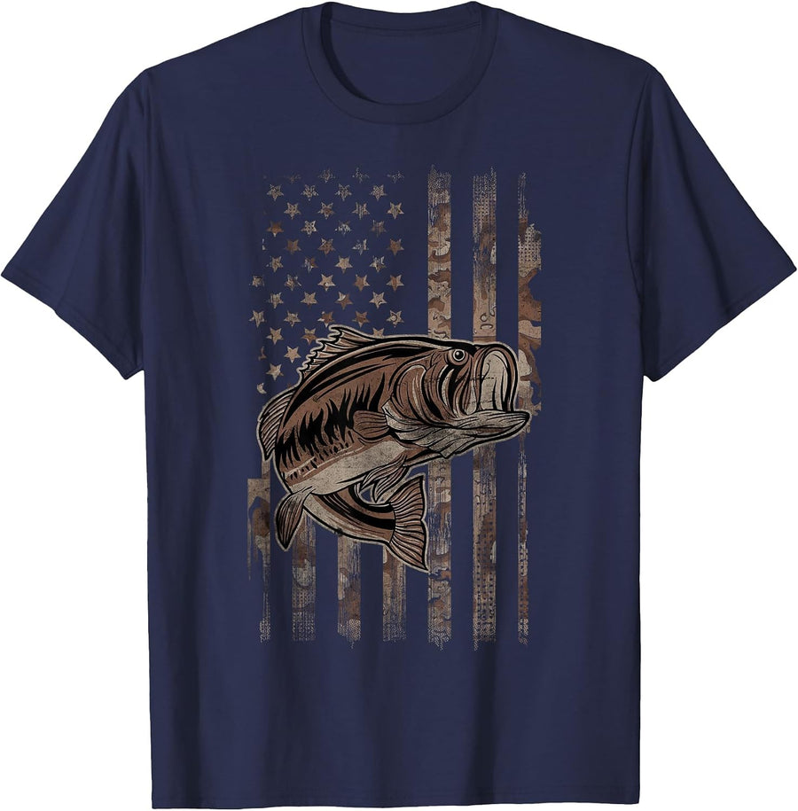 Camo American Flag Fishing Tees for Largemouth Bass Fisher T-Shirts - Navy Blue