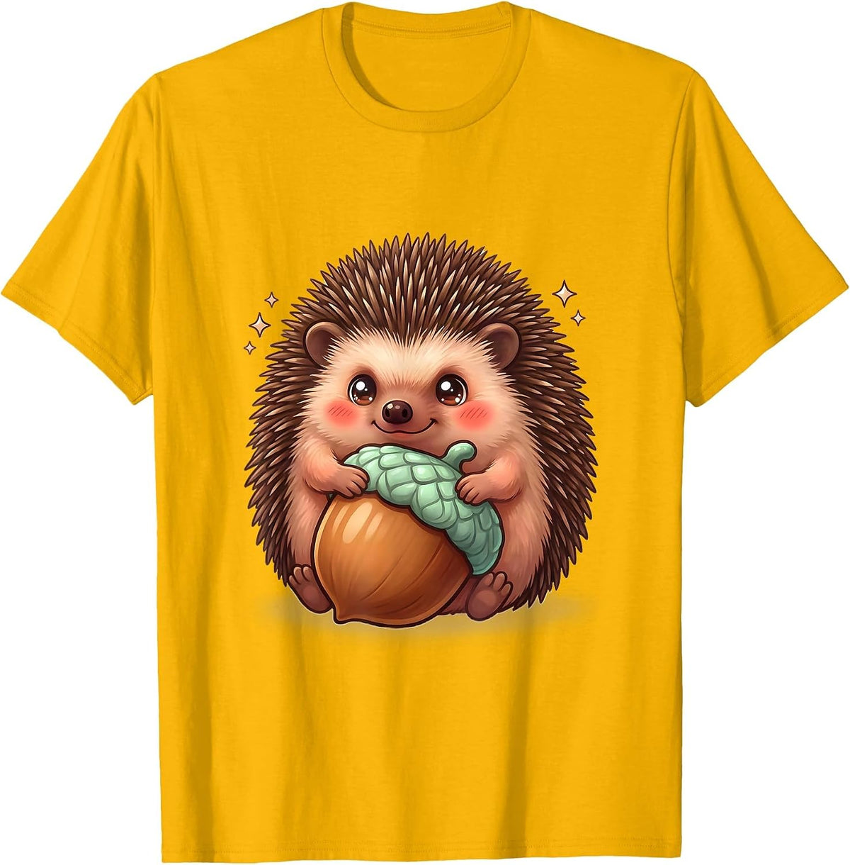 Men's Round Hedgehog Hugging Acorn Cute Kawaii Animal Lover Gift T-Shirt - Golden Yellow