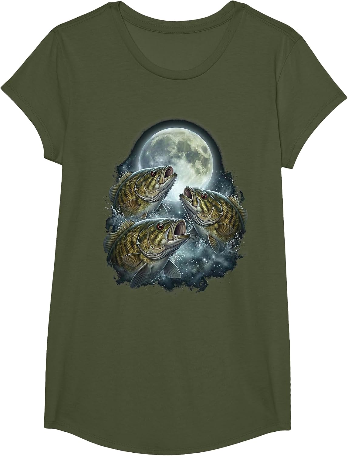 Smallmouth Bass Howling Moon Design Vintage Bass Fishing T-Shirt - Girls Olive Green