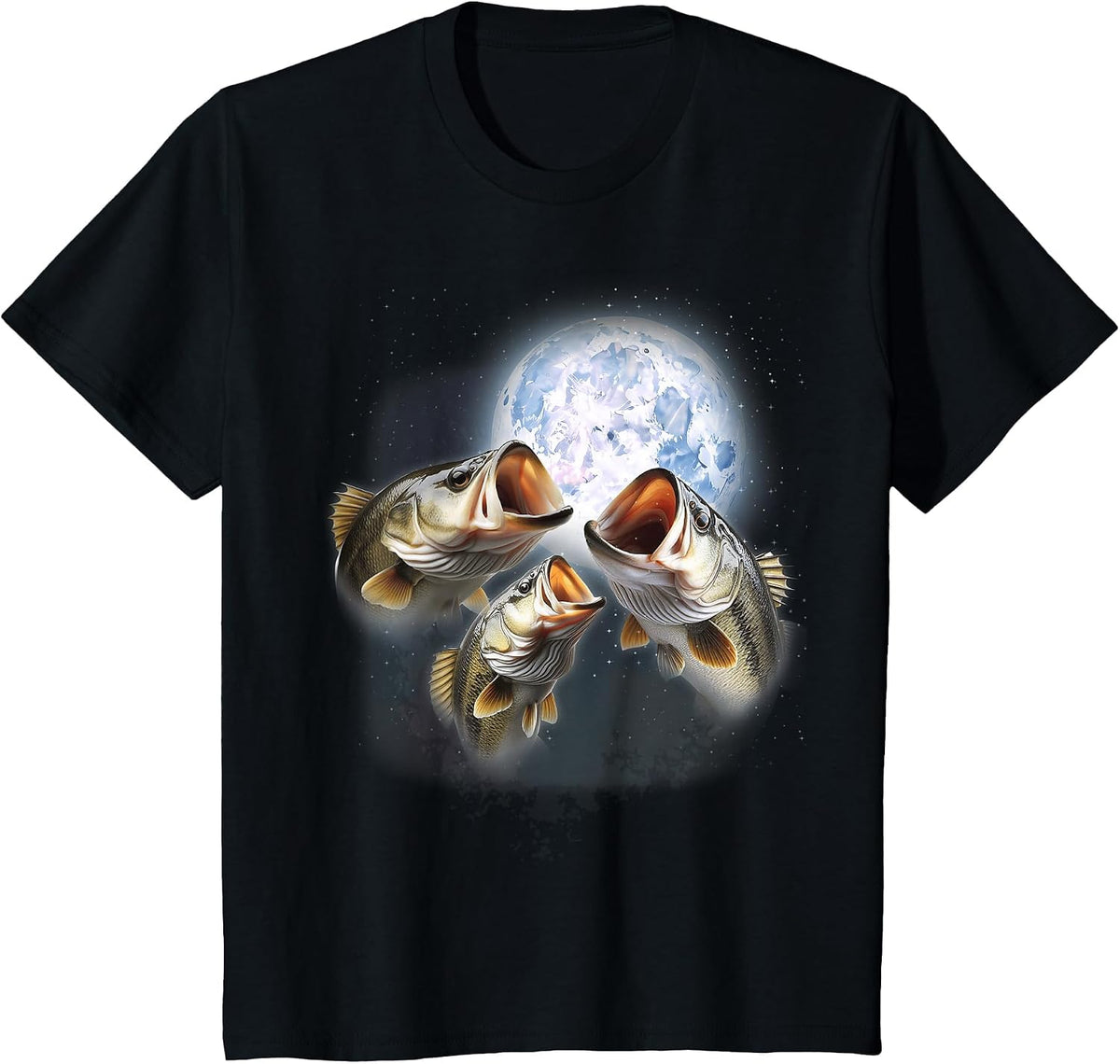 3 Bass Fish At The Moon Funny Bass Fishing Lover Fisherman T-Shirt - Black
