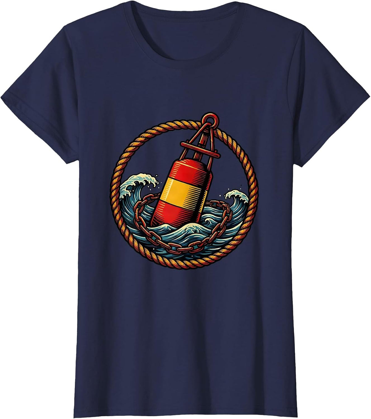 Women's Lone Buoy Ocean Illustration Navy Graphic T-Shirt - Navy Blue