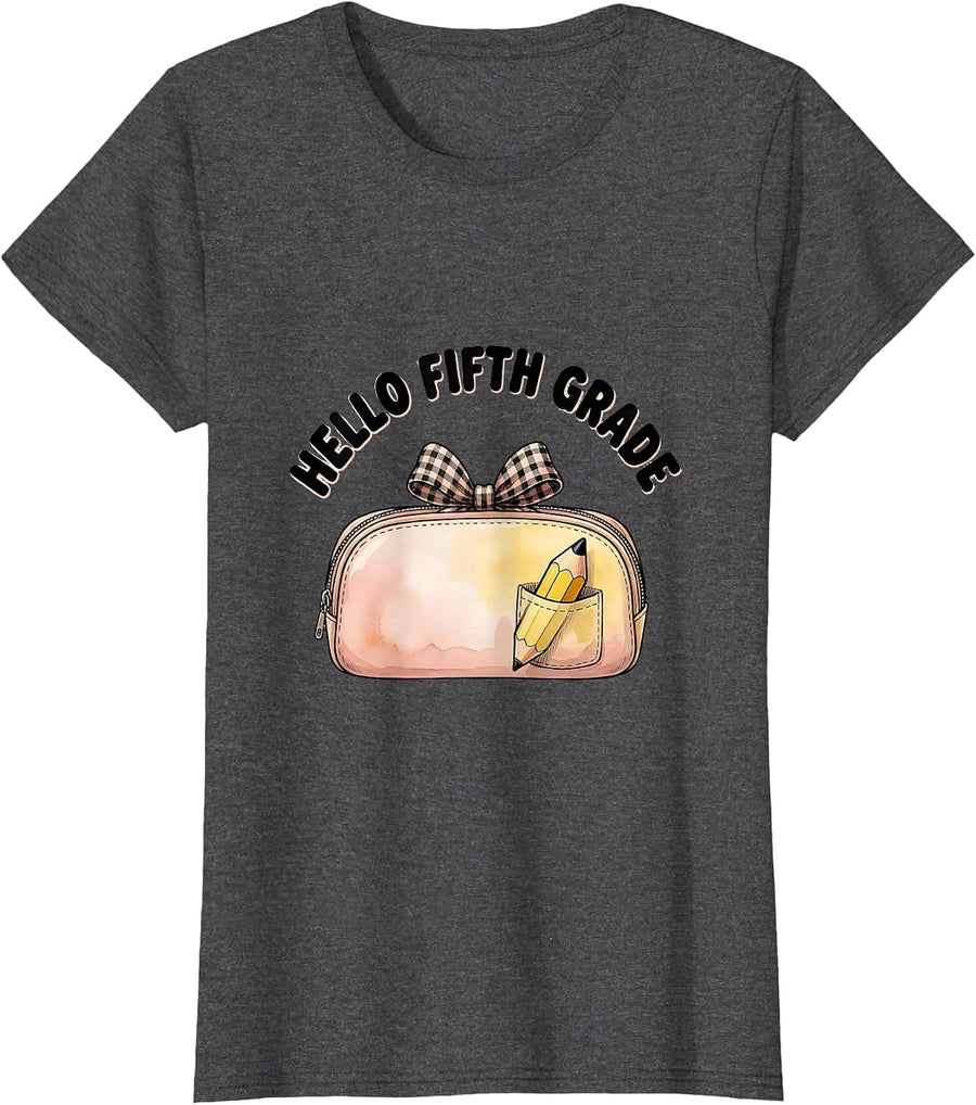 Women's Hello Fifth Grade Coquette Bow Pencil Back to School T-Shirt - Dark Heather Grey