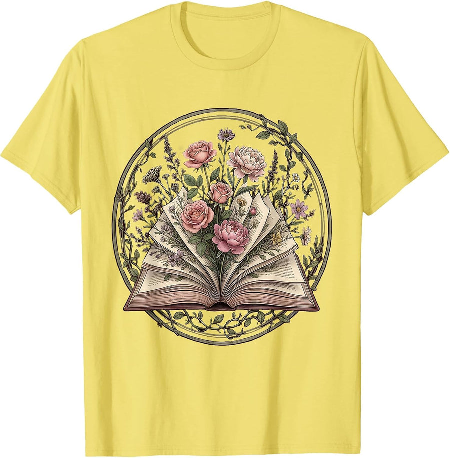 Men's Open Book Floral Bloom Illustration T-Shirt - Lemon Yellow