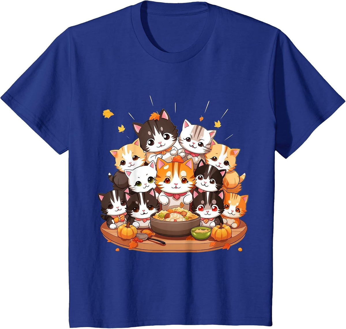 Cute Funny Cats Celebrating Thanksgiving Autumn Dinner T-Shirt - Royal Blue