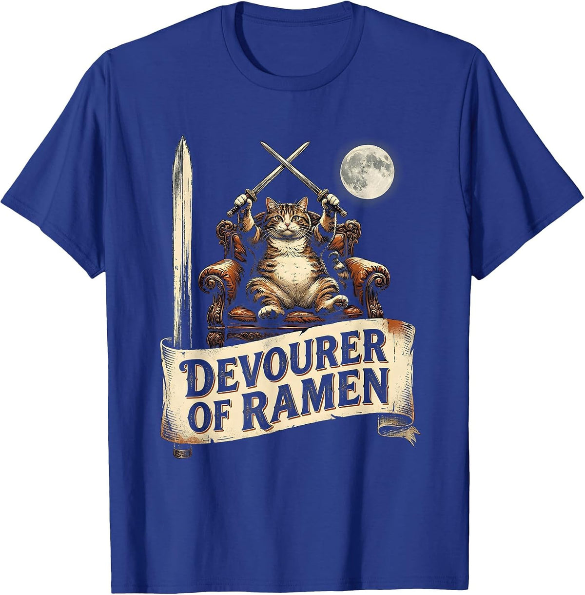 Men's Devourer of Ramen Vintage Chubby Cat Anime Funny Graphic T-Shirt - Royal Blue