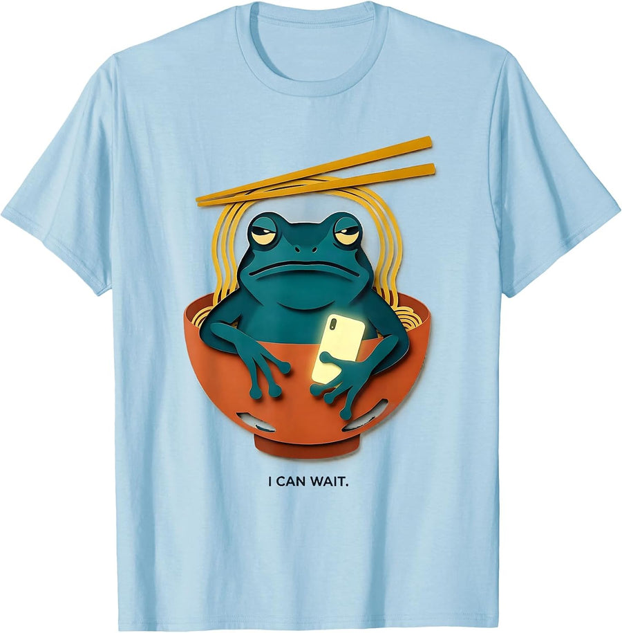 Men's I Can Wait Funny Grumpy Frog Ramen Anime Art Meme T-Shirt - Baby Blue