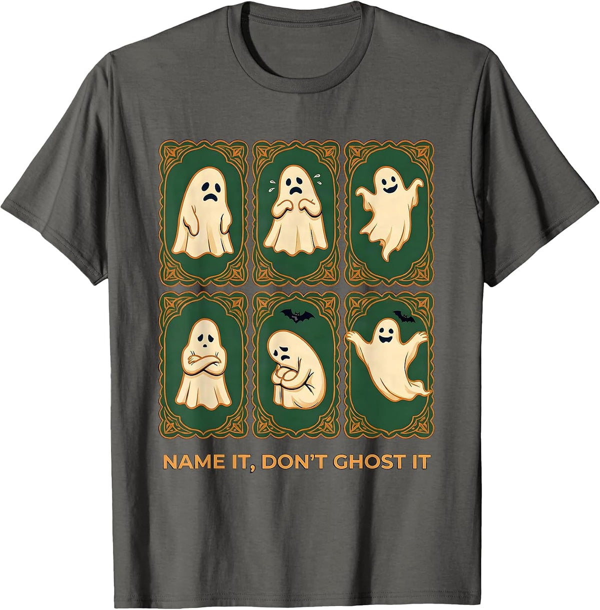 Men's Name It, Don't Ghost It Folk Art Halloween Mental Health T-Shirt - Asphalt Grey