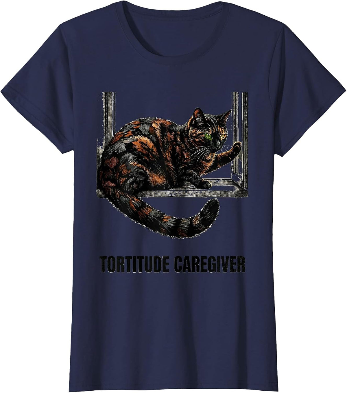 Women's Tortitude Caregiver Funny Tortie Cat Owner Tortoiseshell Cat T-Shirt - Navy Blue