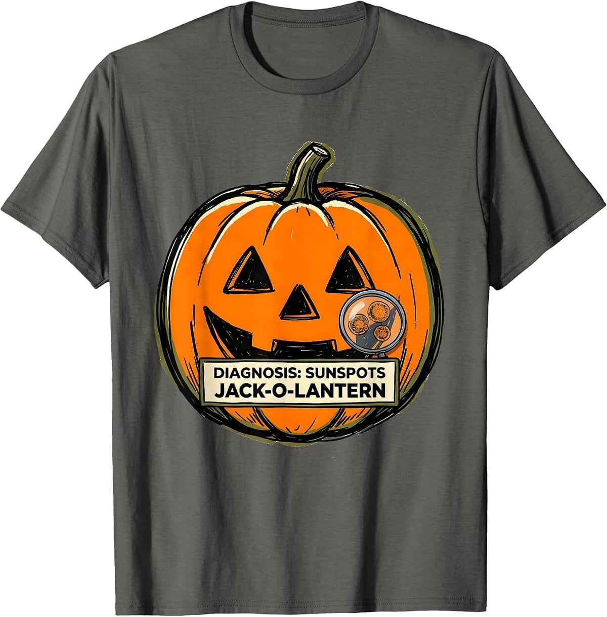 Diagnosis: Sunspots, Jack-O'-Lantern Funny Dermatology T-Shirt - Asphalt Grey