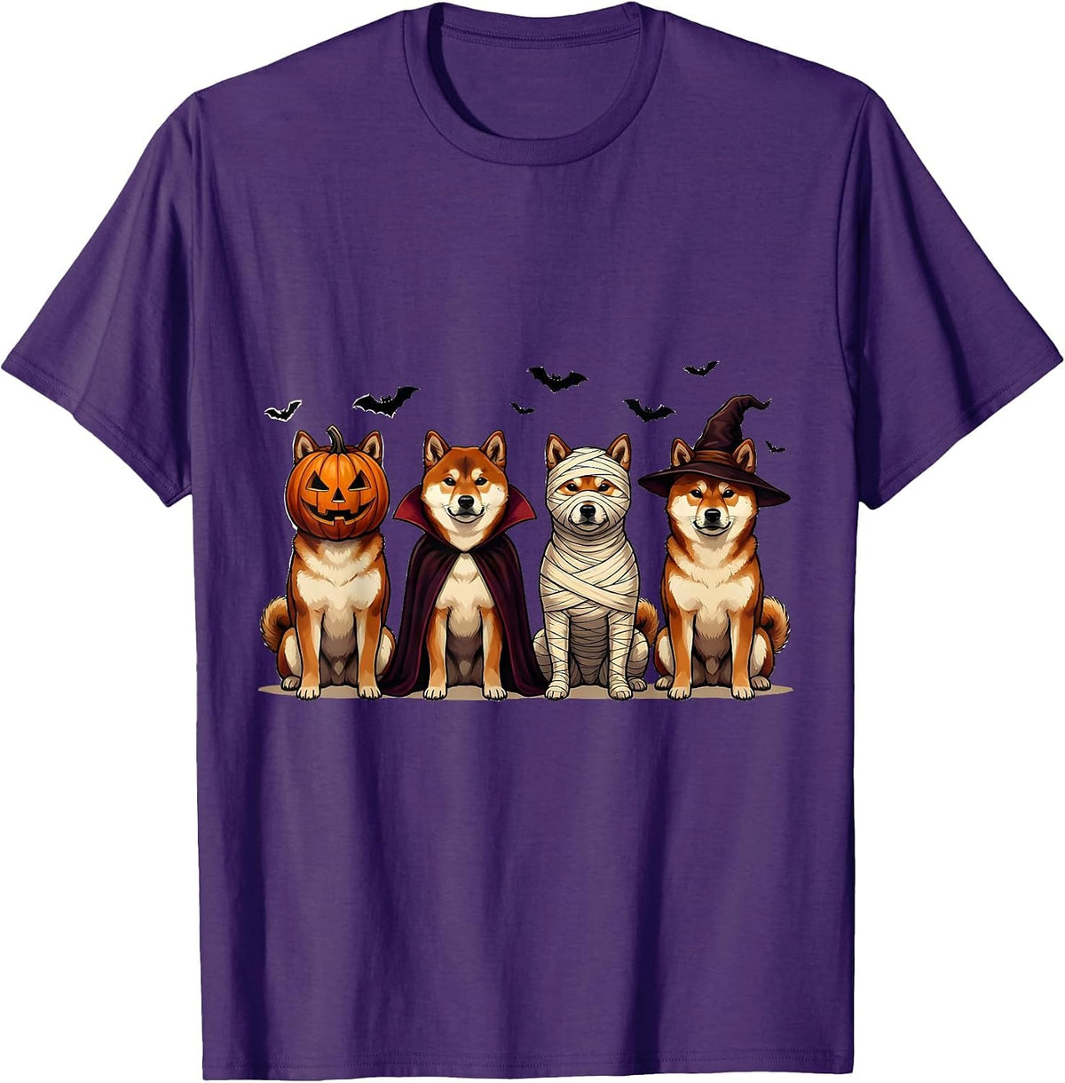 Men's Halloween Shiba Inu Squad Pumpkin Vampire Mummy Witch Dog T-Shirt - Purple