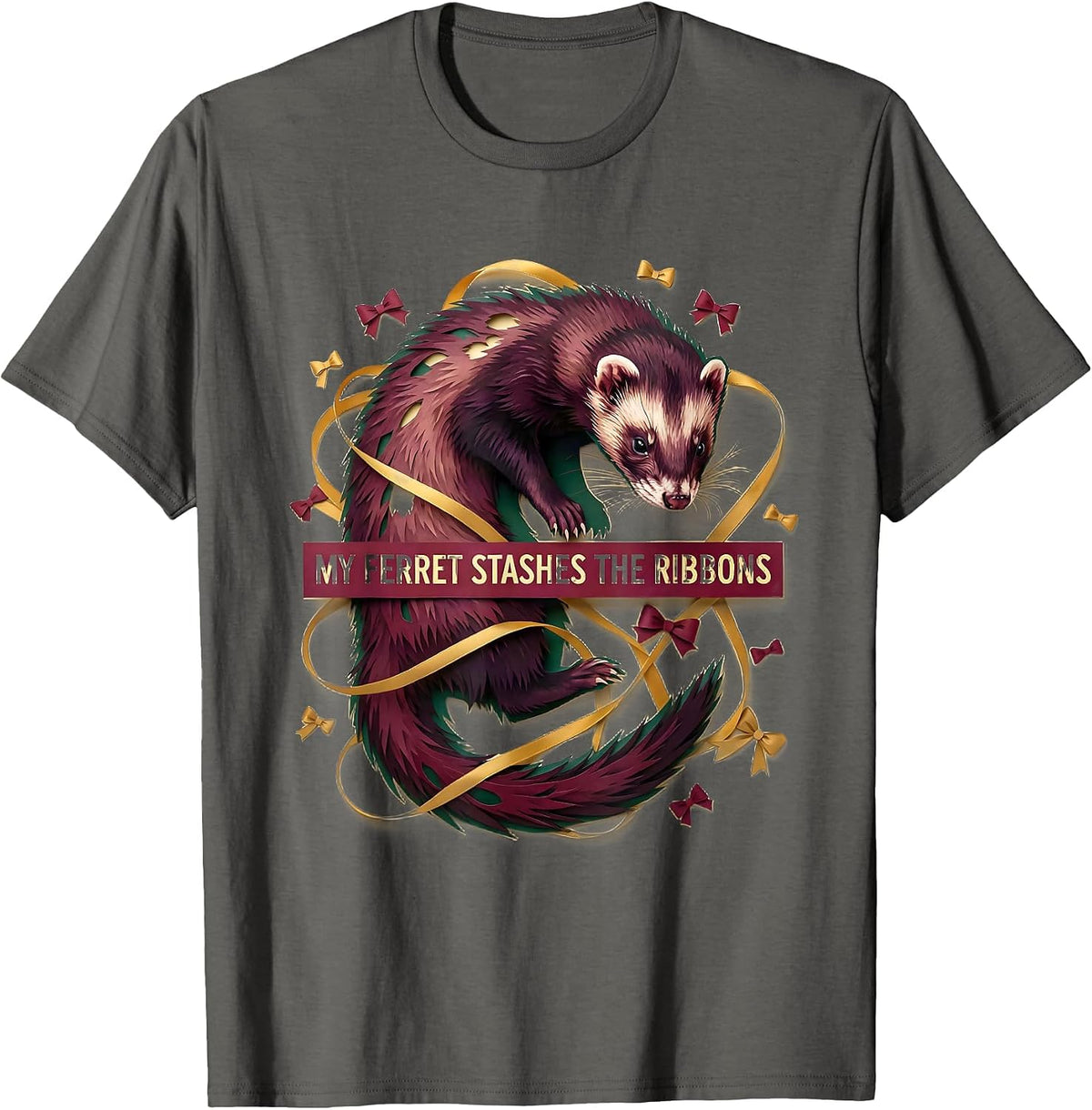 Men's My Ferret Stashes The Ribbons Funny Ferret Lover Gift T-Shirt - Asphalt Grey