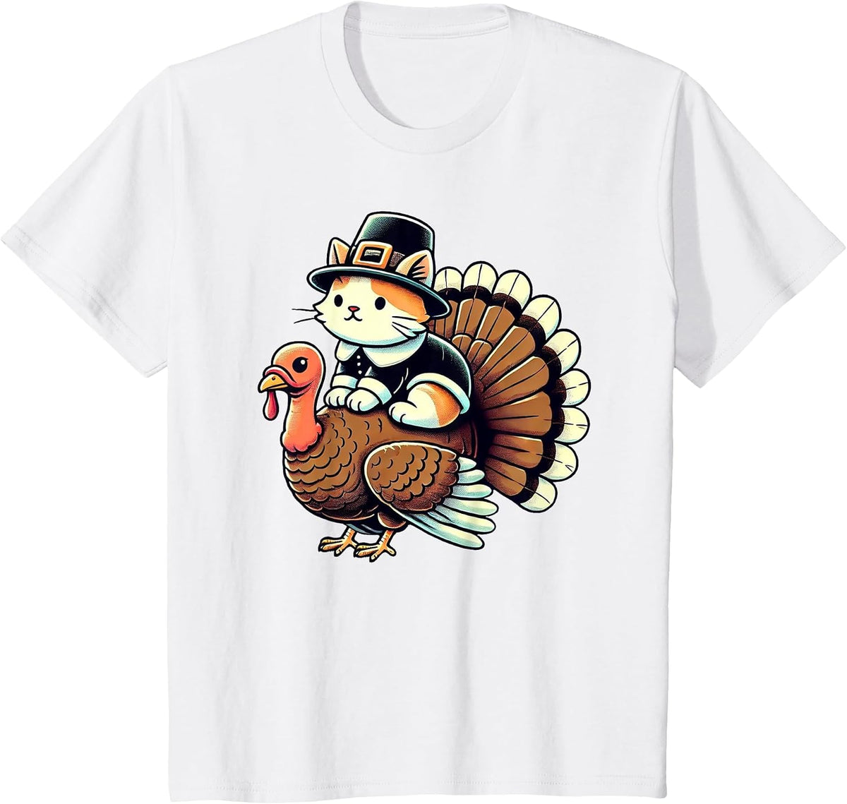 Pilgrim Cat Costume On Turkey Funny Thanksgiving Turkey T-Shirt - White