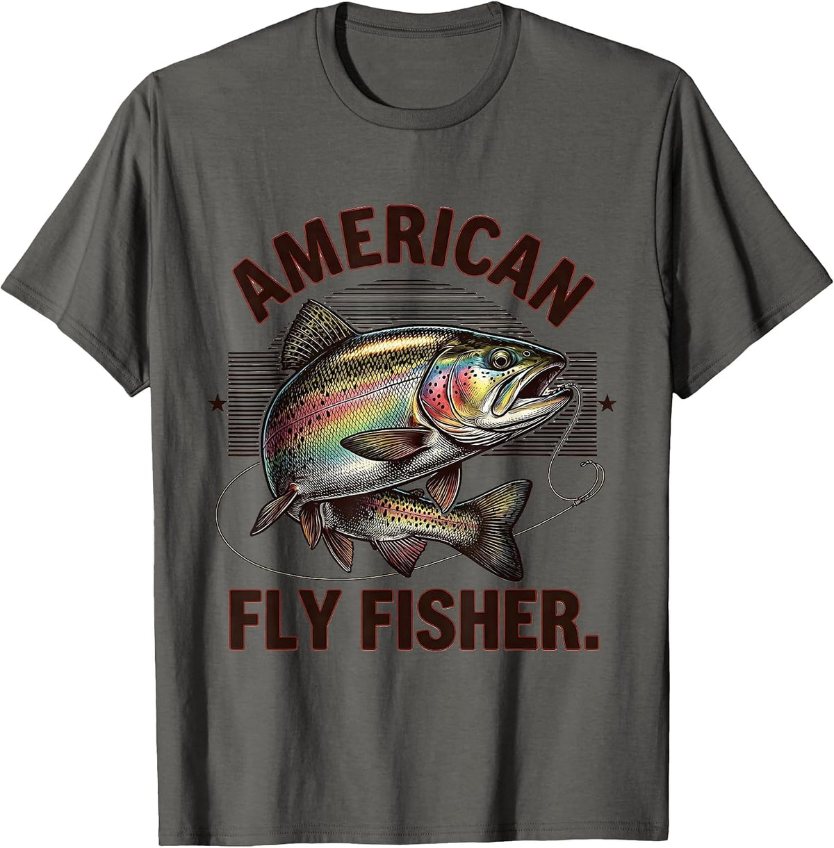 Men's American Fly Fisher Vintage Engraved Trout Patriotic Camo T-Shirt - Asphalt Grey