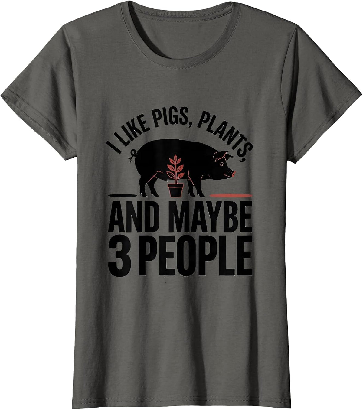 Women's I Like Pigs, Plants, And Maybe 3 People Funny Animal Lover T-Shirt - Asphalt Grey