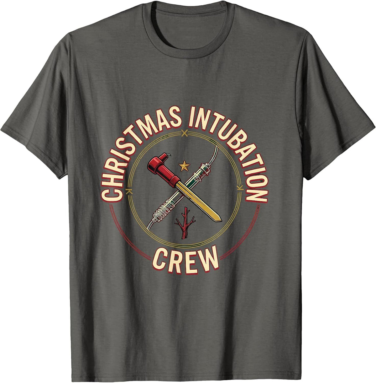 Men's Christmas Intubation Crew Funny Respiratory Therapist RT T-Shirt - Asphalt Grey