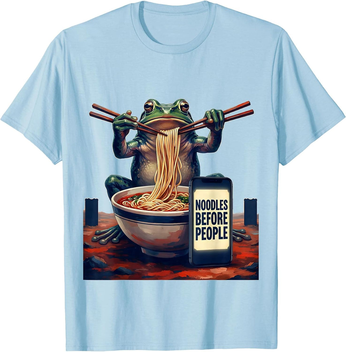 Men's Noodles Before People Funny Grumpy Frog Japanese Art Ramen T-Shirt - Baby Blue