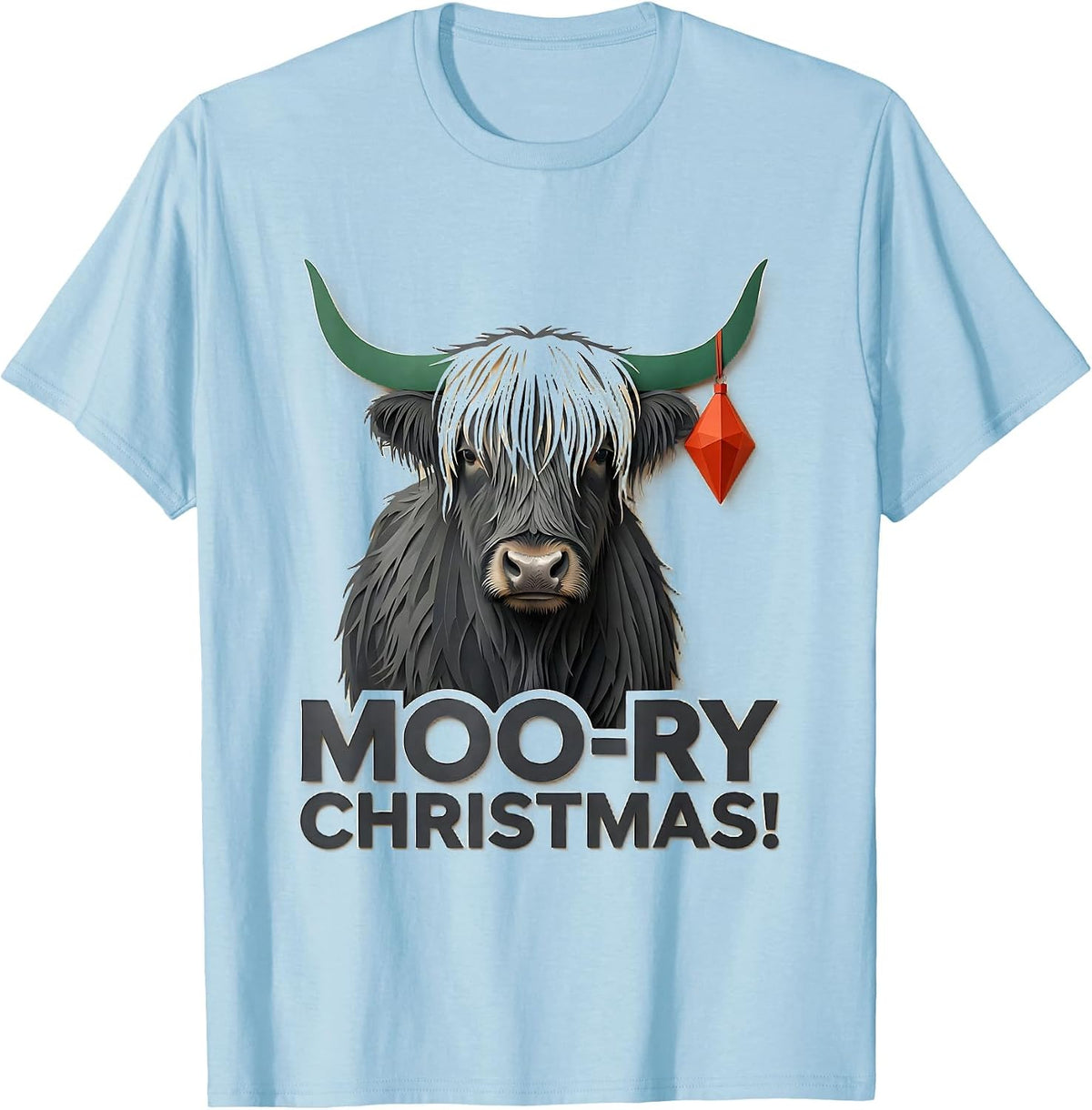 Men's Moo-ry Christmas! Paper Cutout Highland Cow Seasonal Holiday T-Shirt - Baby Blue