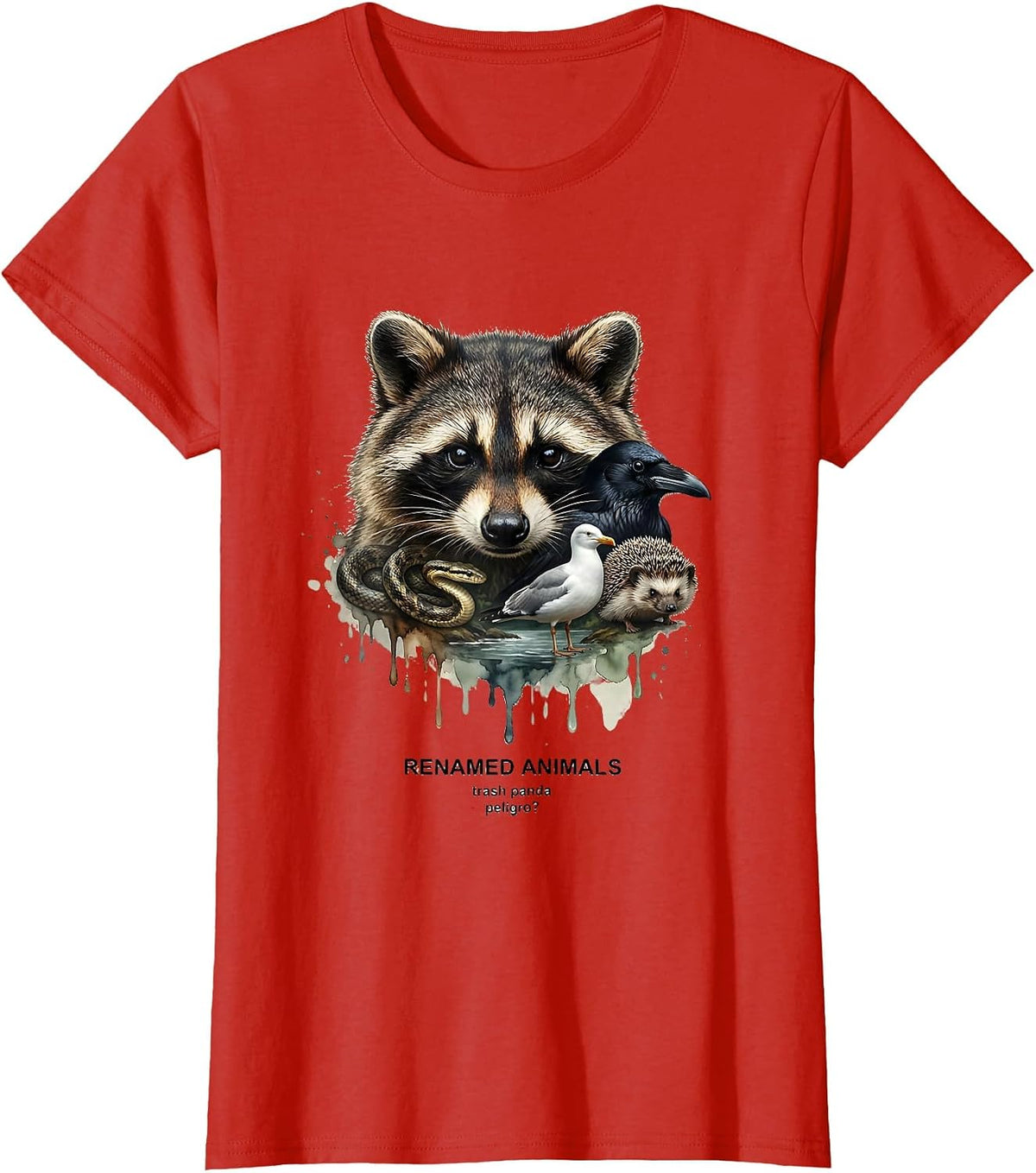 Women's RENAMED ANIMALS Trash Panda Peligro Funny Squirrel Lover T-Shirt - Red