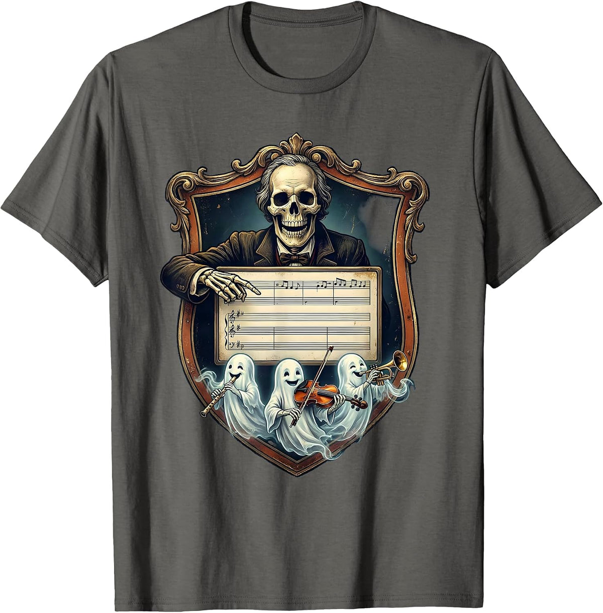 Ornate Shield Ghost Music Teacher Vintage Halloween T-Shirt - Asphalt Grey