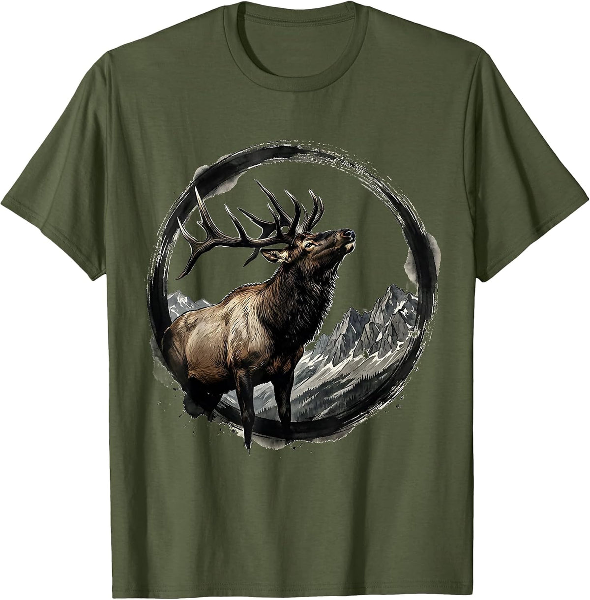 Elk Bugling on Rocky Mountain Ridge T-Shirt - Olive Green